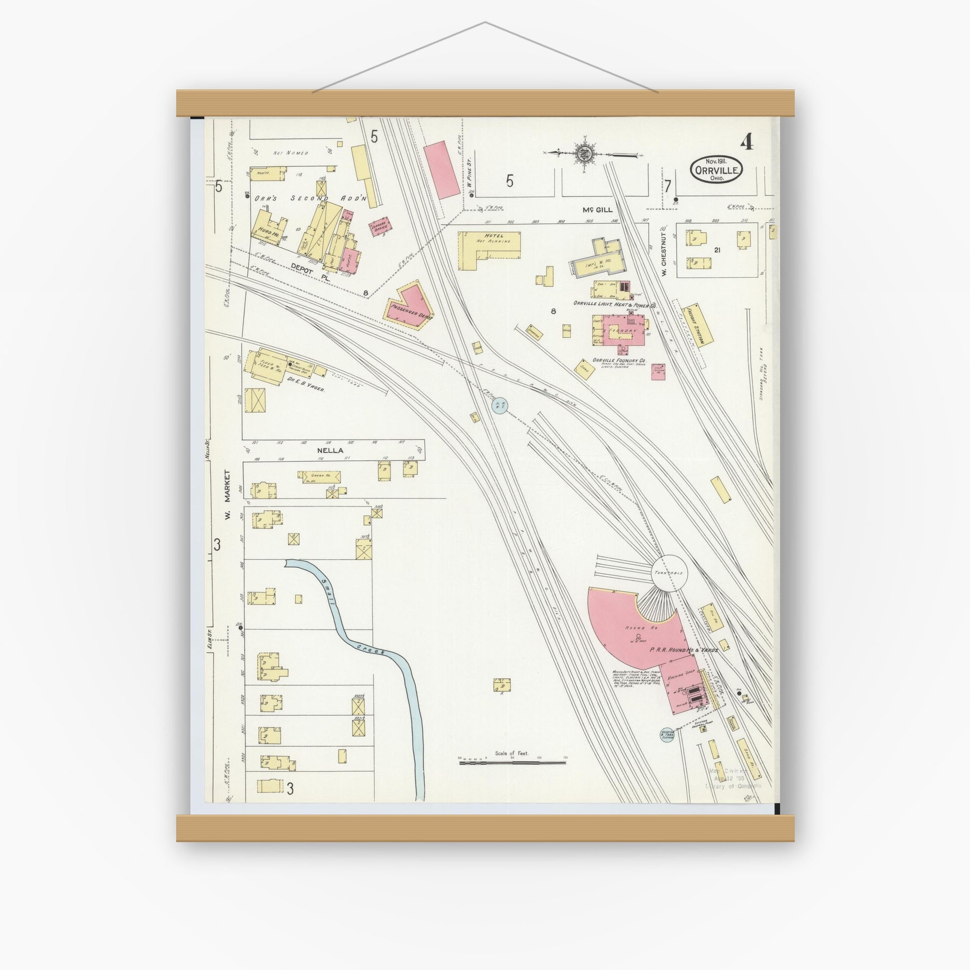 Old map wall art mockup — magnetic wood frame on white wall — Sanborn Fire Insurance Map from Orrville, Wayne County, Ohio (1911), Sheet #0004