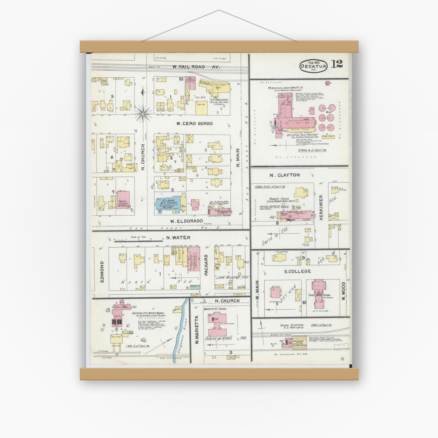 Old map wall art mockup — magnetic wood frame on white wall — Sanborn Fire Insurance Map from Decatur, Macon County, Illinois (1892), Sheet #0012