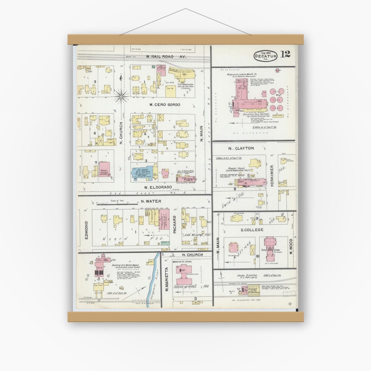 Old map wall art mockup — magnetic wood frame on white wall — Sanborn Fire Insurance Map from Decatur, Macon County, Illinois (1892), Sheet #0012