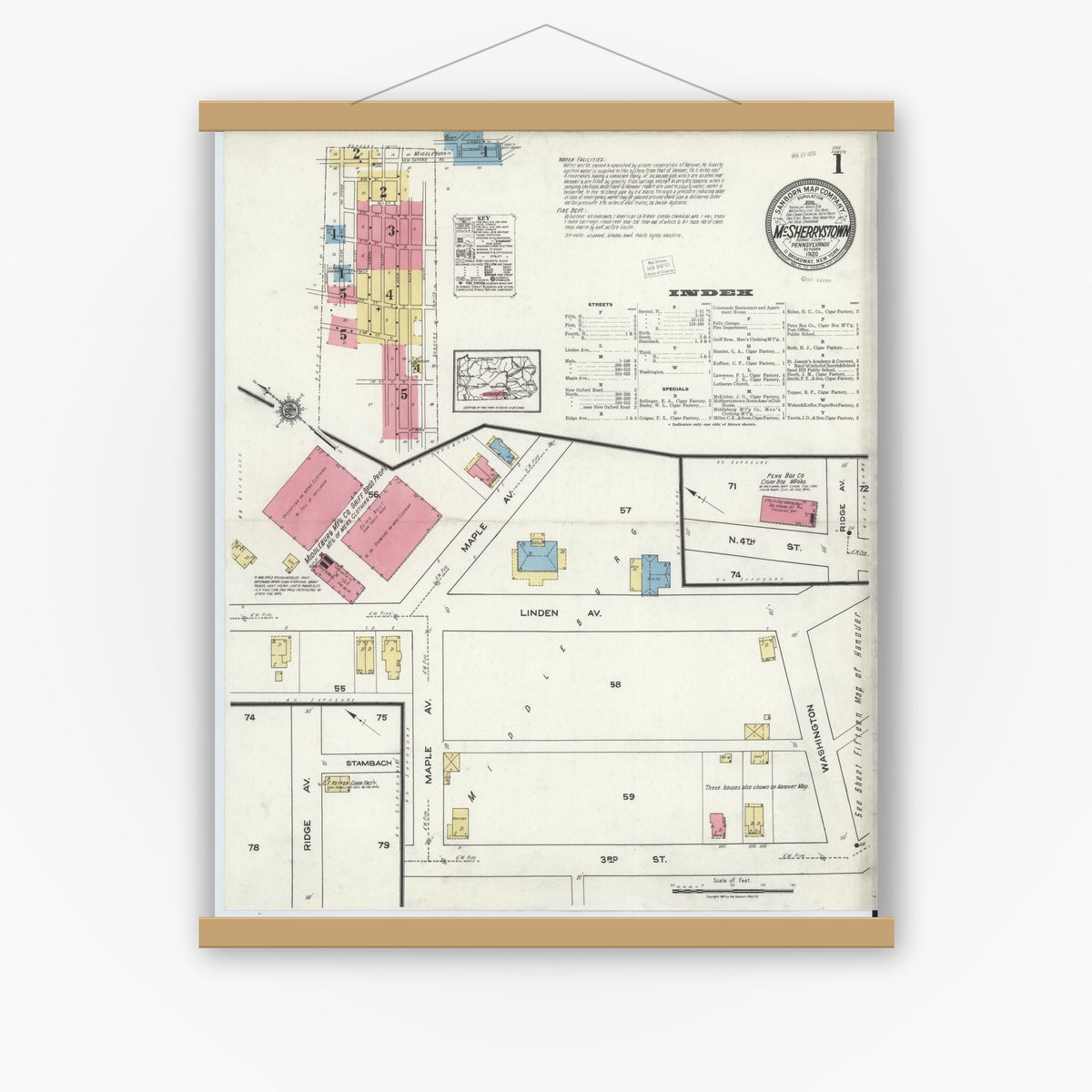 Old map wall art mockup — magnetic wood frame on white wall — Sanborn Fire Insurance Map from McSherrystown, Adams County, Pennsylvania (1920) - Complete Map Set