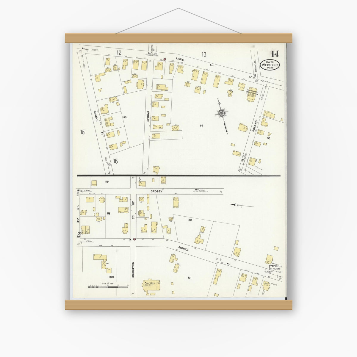 Old map wall art mockup — magnetic wood frame on white wall — Sanborn Fire Insurance Map from Webster, Worcester County, Massachusetts (1911), Sheet #0014