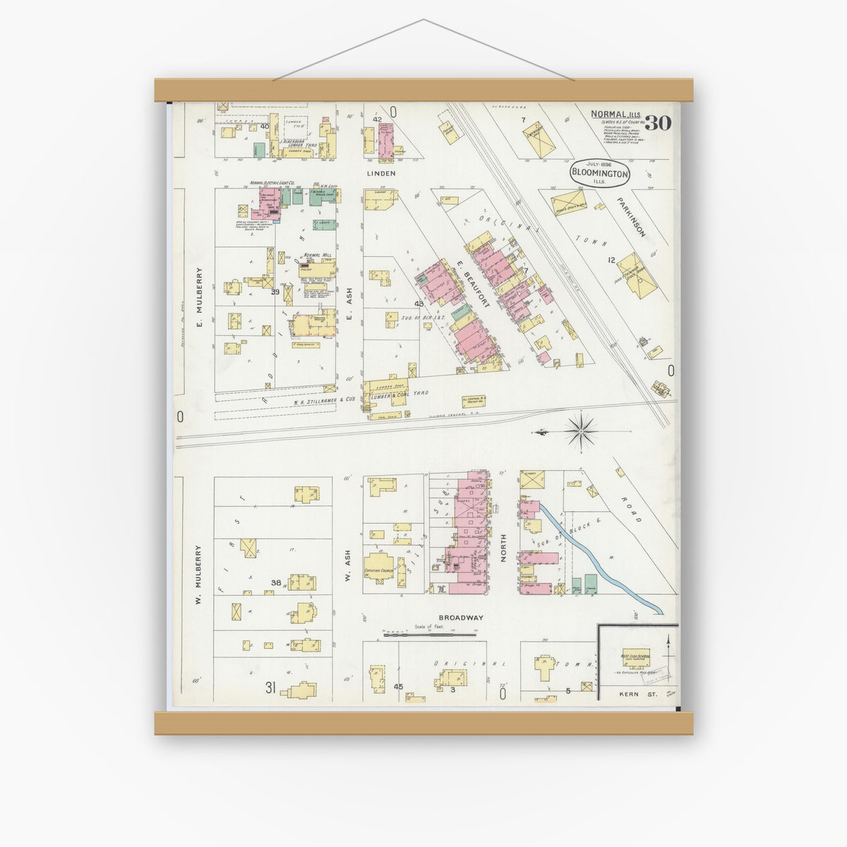 Old map wall art mockup — magnetic wood frame on white wall — Sanborn Fire Insurance Map from Bloomington, McLean County, Illinois (1896), Sheet #0030
