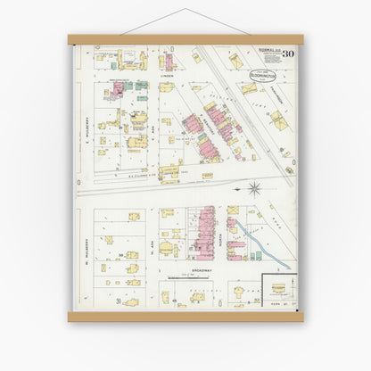 Old map wall art mockup — magnetic wood frame on white wall — Sanborn Fire Insurance Map from Bloomington, McLean County, Illinois (1896), Sheet #0030