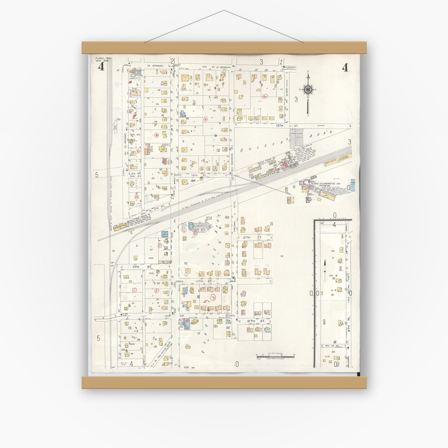 Old map wall art mockup — magnetic wood frame on white wall — Sanborn Fire Insurance Map from Plano, Collin County, Texas (1961), Sheet #0004