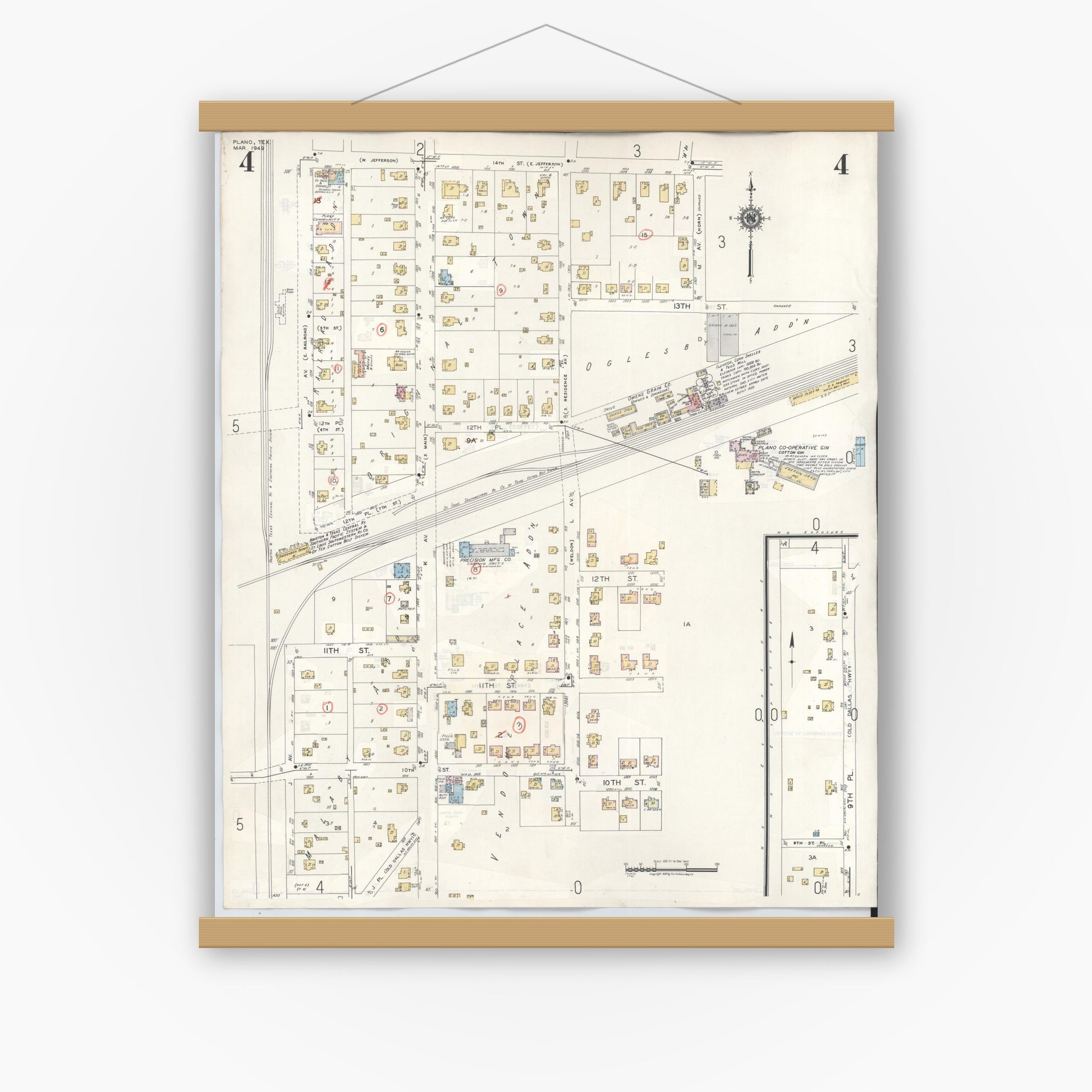 Old map wall art mockup — magnetic wood frame on white wall — Sanborn Fire Insurance Map from Plano, Collin County, Texas (1961), Sheet #0004