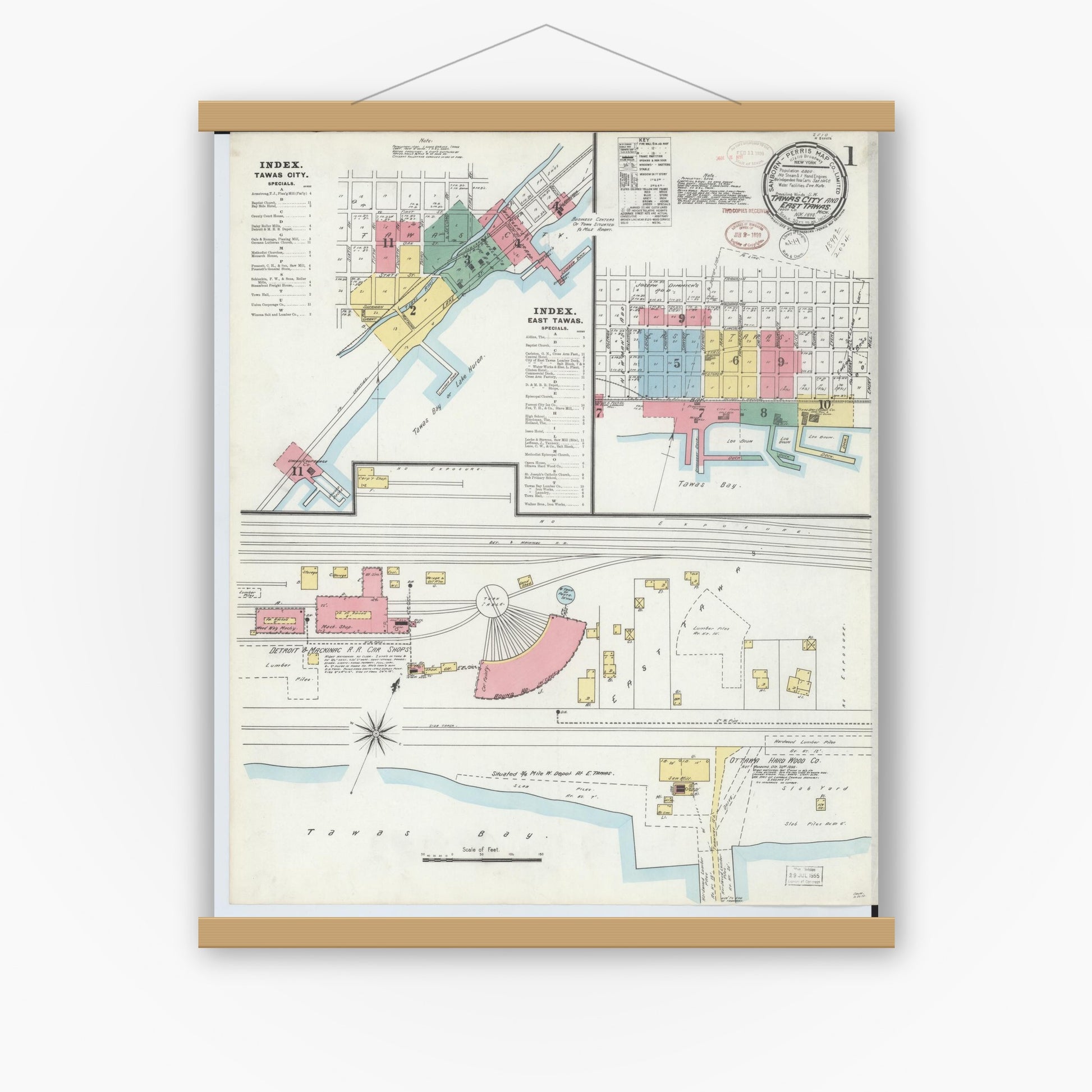 Old map wall art mockup — magnetic wood frame on white wall — Sanborn Fire Insurance Map from East Tawas, Iosco County, Michigan (1898) - Complete Map Set