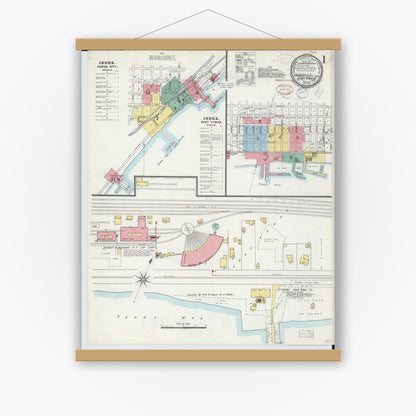 Old map wall art mockup — magnetic wood frame on white wall — Sanborn Fire Insurance Map from East Tawas, Iosco County, Michigan (1898) - Complete Map Set