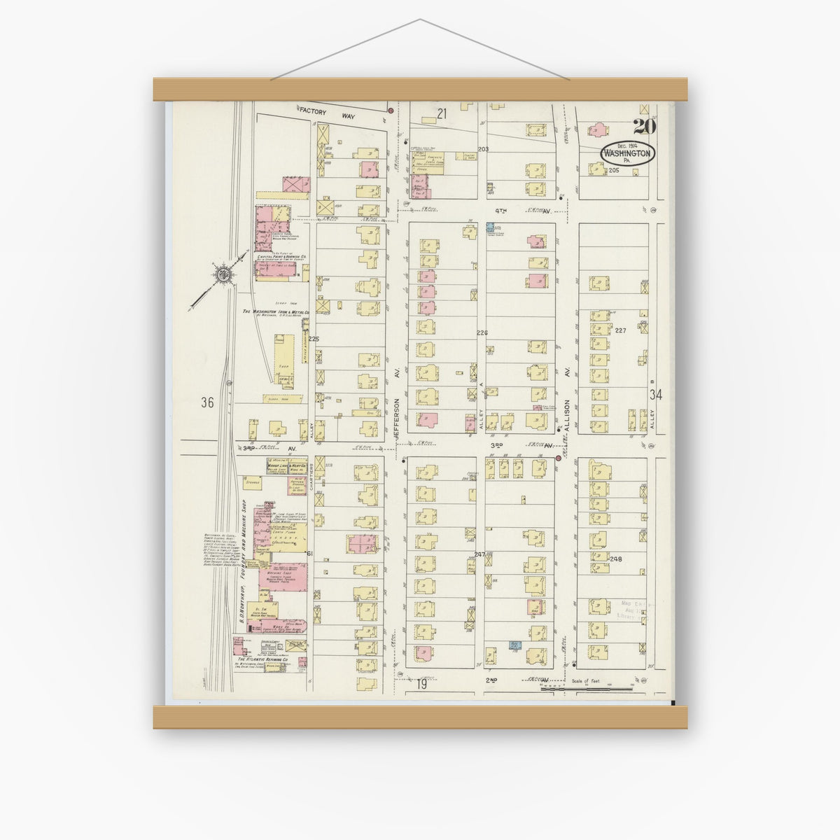 Old map wall art mockup — magnetic wood frame on white wall — Sanborn Fire Insurance Map from Washington, Washington County, Pennsylvania (1914), Sheet #0020