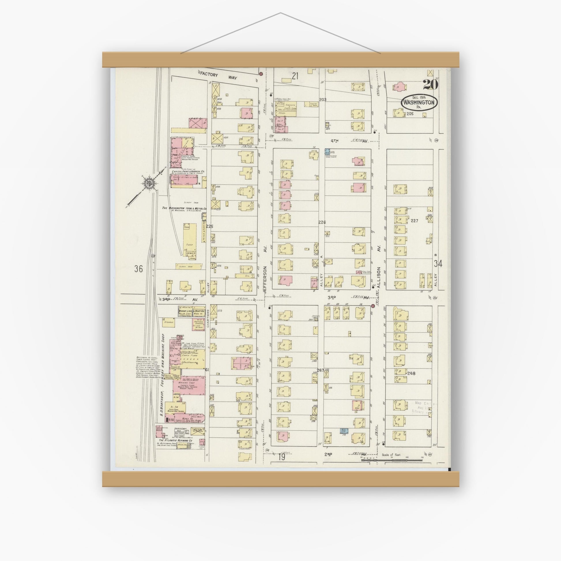 Old map wall art mockup — magnetic wood frame on white wall — Sanborn Fire Insurance Map from Washington, Washington County, Pennsylvania (1914), Sheet #0020