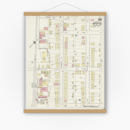 Old map wall art mockup — magnetic wood frame on white wall — Sanborn Fire Insurance Map from Washington, Washington County, Pennsylvania (1914), Sheet #0020