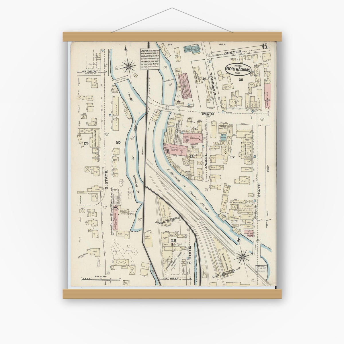Old map wall art mockup — magnetic wood frame on white wall — Sanborn Fire Insurance Map from North Adams, Berkshire County, Massachusetts (1884), Sheet #0006
