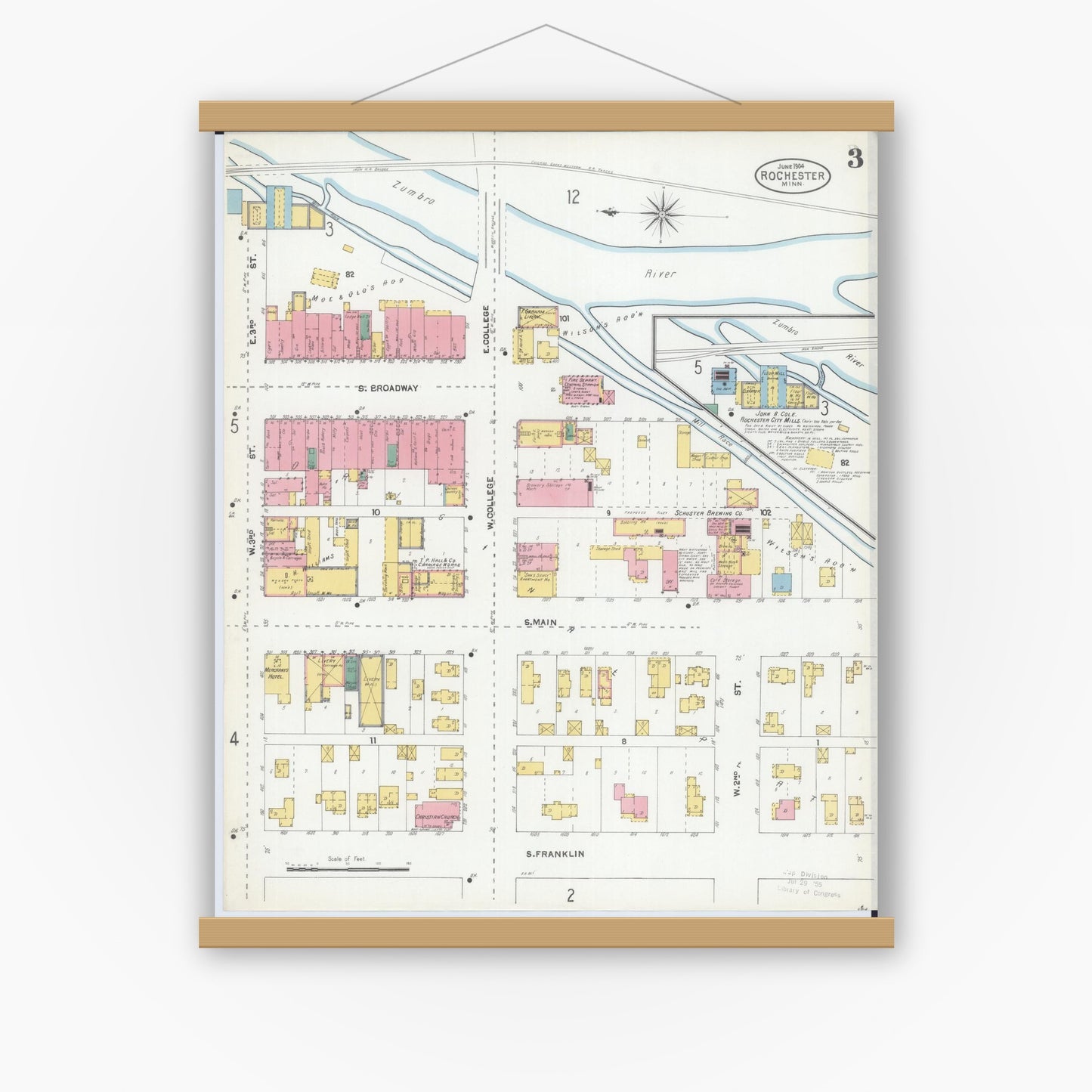 Old map wall art mockup — magnetic wood frame on white wall — Sanborn Fire Insurance Map from Rochester, Olmsted County, Minnesota (1904), Sheet #0003