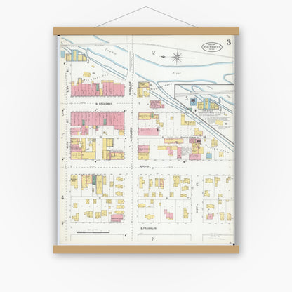 Old map wall art mockup — magnetic wood frame on white wall — Sanborn Fire Insurance Map from Rochester, Olmsted County, Minnesota (1904), Sheet #0003