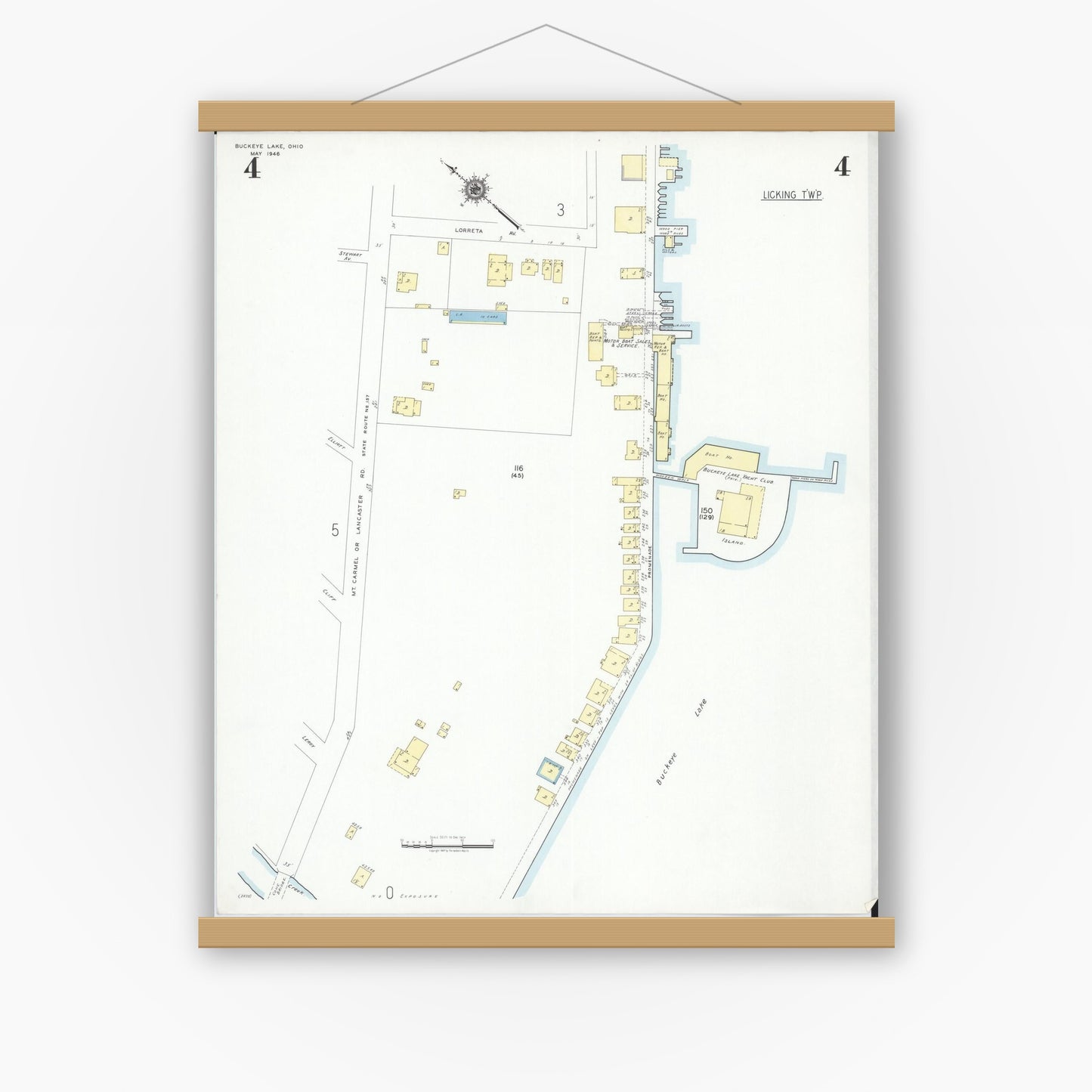 Old map wall art mockup — magnetic wood frame on white wall — Sanborn Fire Insurance Map from Buckeye Lake, Licking County, Ohio (1946), Sheet #0004