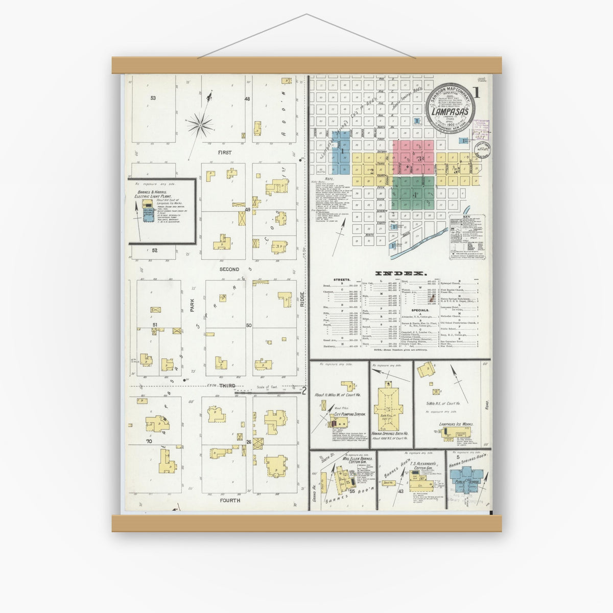 Old map wall art mockup — magnetic wood frame on white wall — Sanborn Fire Insurance Map from Lampasas, Lampasas County, Texas (1902) - Complete Map Set