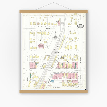 Old map wall art mockup — magnetic wood frame on white wall — Sanborn Fire Insurance Map from Cherokee, Cherokee County, Iowa (1909), Sheet #0003