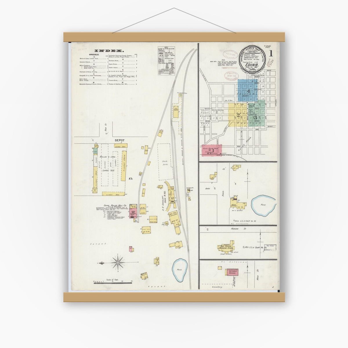 Old map wall art mockup — magnetic wood frame on white wall — Sanborn Fire Insurance Map from Edina, Knox County, Missouri (1898) - Complete Map Set