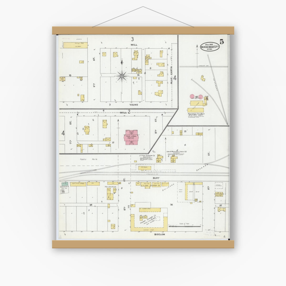 Old map wall art mockup — magnetic wood frame on white wall — Sanborn Fire Insurance Map from Winnebago, Faribault County, Minnesota (1905), Sheet #0005
