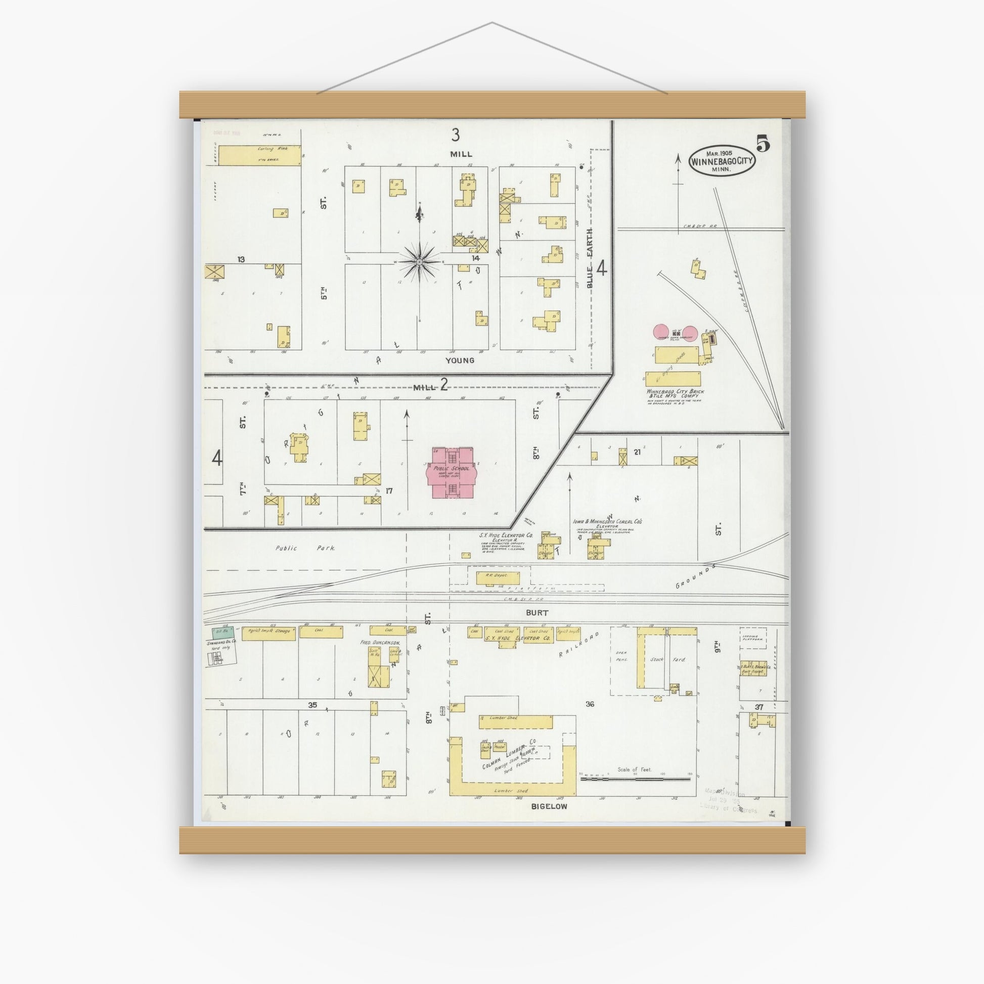 Old map wall art mockup — magnetic wood frame on white wall — Sanborn Fire Insurance Map from Winnebago, Faribault County, Minnesota (1905), Sheet #0005