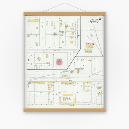 Old map wall art mockup — magnetic wood frame on white wall — Sanborn Fire Insurance Map from Winnebago, Faribault County, Minnesota (1905), Sheet #0005