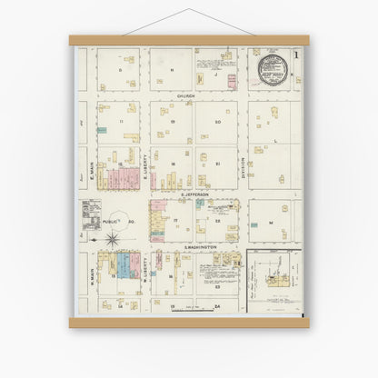 Old map wall art mockup — magnetic wood frame on white wall — Sanborn Fire Insurance Map from Pilot Point, Denton County, Texas (1891), Sheet #0001