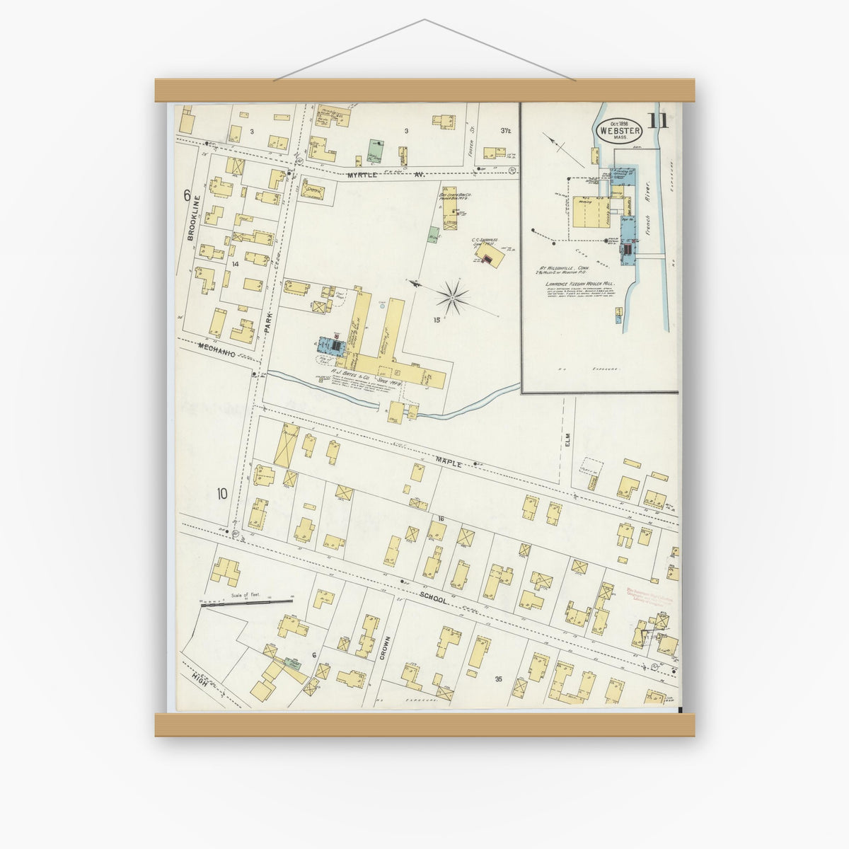 Old map wall art mockup — magnetic wood frame on white wall — Sanborn Fire Insurance Map from Webster, Worcester County, Massachusetts (1898), Sheet #0011