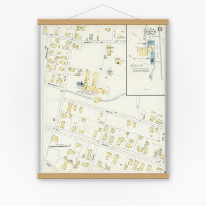 Old map wall art mockup — magnetic wood frame on white wall — Sanborn Fire Insurance Map from Webster, Worcester County, Massachusetts (1898), Sheet #0011