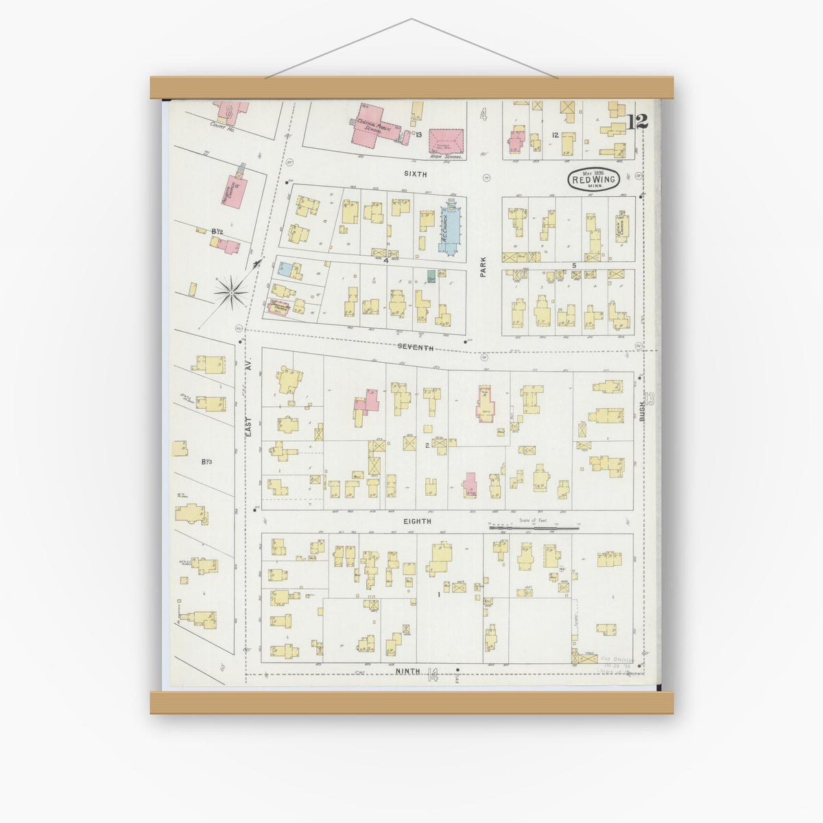 Old map wall art mockup — magnetic wood frame on white wall — Sanborn Fire Insurance Map from Red Wing, Goodhue County, Minnesota (1895), Sheet #0012