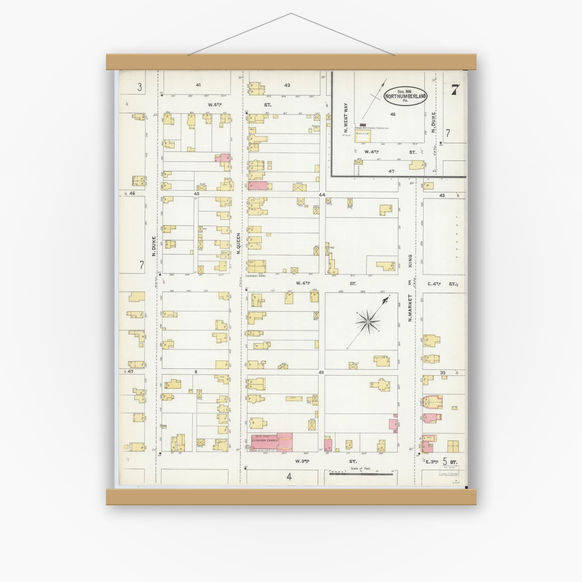 Old map wall art mockup — magnetic wood frame on white wall — Sanborn Fire Insurance Map from Northumberland, Northumberland County, Pennsylvania (1906), Sheet #0007