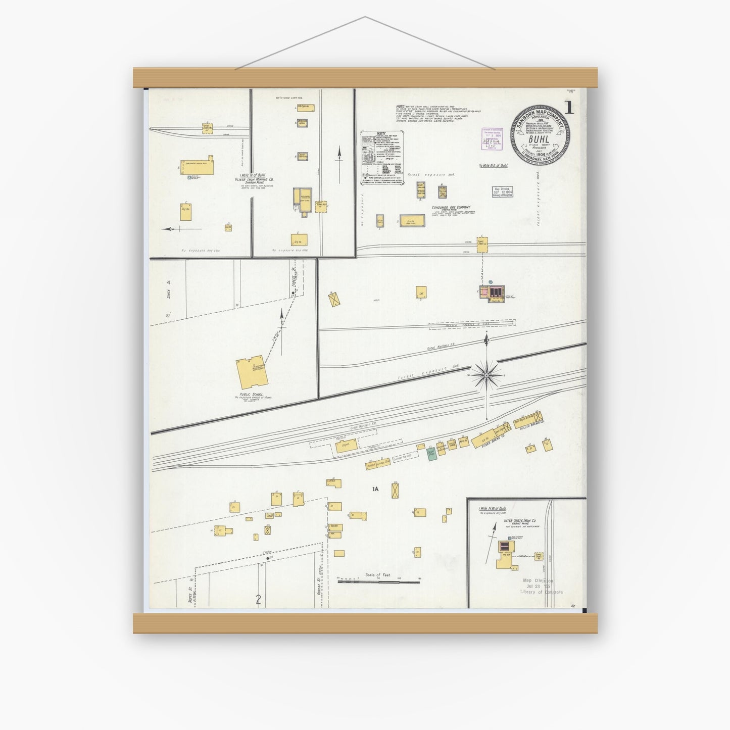 Old map wall art mockup — magnetic wood frame on white wall — Sanborn Fire Insurance Map from Buhl, Saint Louis County, Minnesota (1904), Sheet #0001