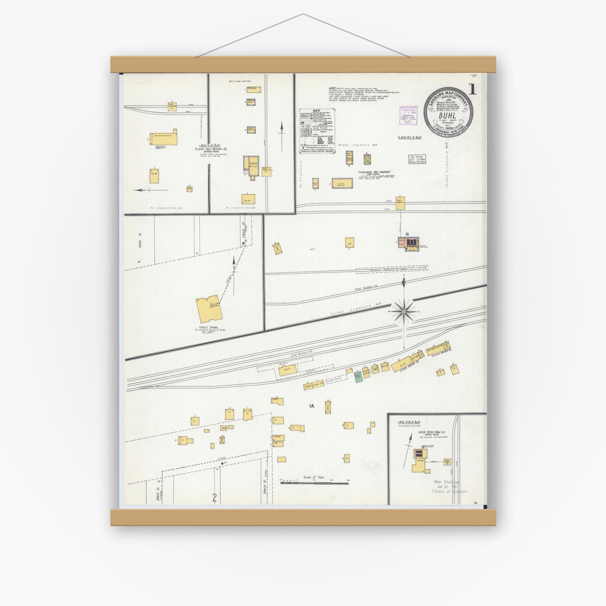 Old map wall art mockup — magnetic wood frame on white wall — Sanborn Fire Insurance Map from Buhl, Saint Louis County, Minnesota (1904), Sheet #0001