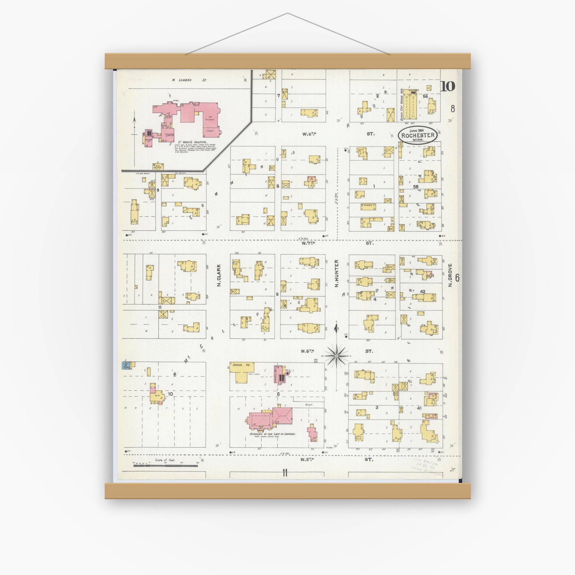Old map wall art mockup — magnetic wood frame on white wall — Sanborn Fire Insurance Map from Rochester, Olmsted County, Minnesota (1904), Sheet #0010