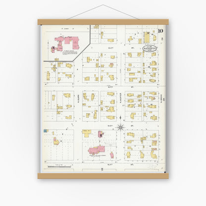 Old map wall art mockup — magnetic wood frame on white wall — Sanborn Fire Insurance Map from Rochester, Olmsted County, Minnesota (1904), Sheet #0010
