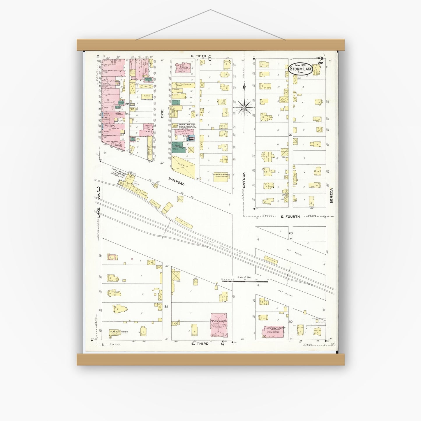 Old map wall art mockup — magnetic wood frame on white wall — Sanborn Fire Insurance Map from Storm Lake, Buena Vista County, Iowa (1909), Sheet #0002