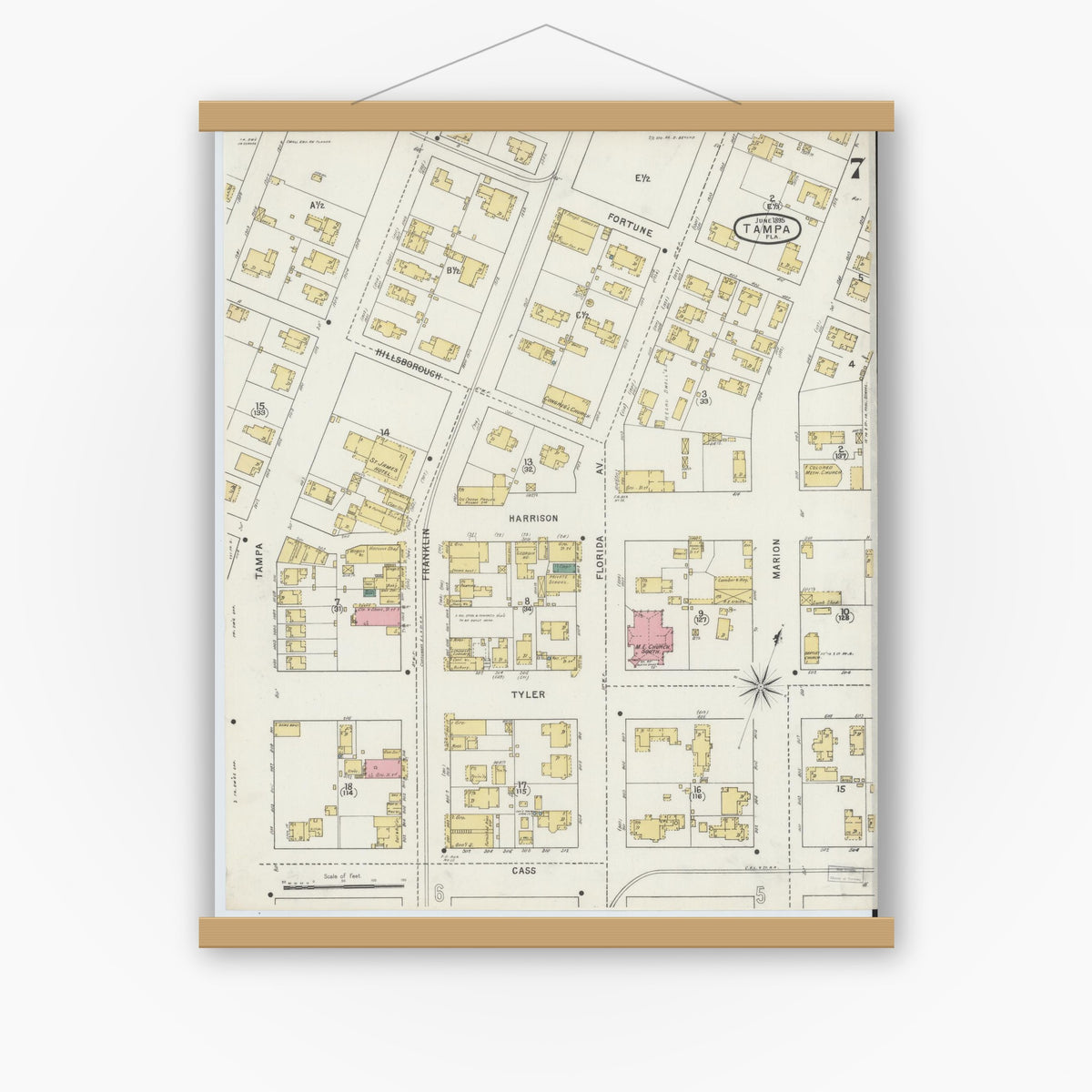 Old map wall art mockup — magnetic wood frame on white wall — Sanborn Fire Insurance Map from Tampa, Hillsborough County, Florida (1895), Sheet #0011