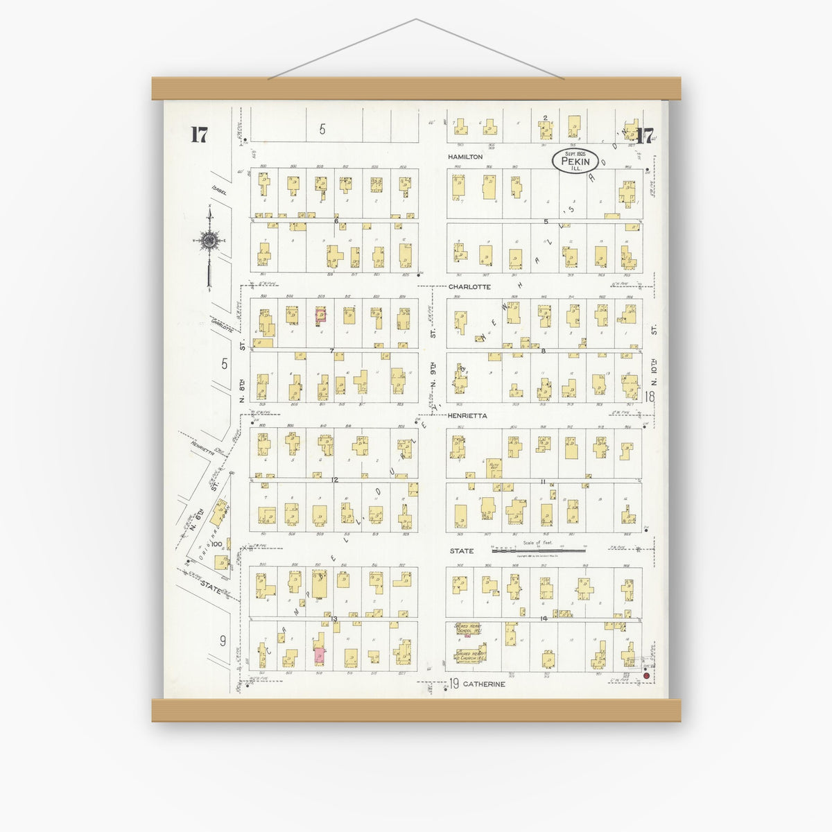 Old map wall art mockup — magnetic wood frame on white wall — Sanborn Fire Insurance Map from Pekin, Tazewell County, Illinois (1925), Sheet #0017