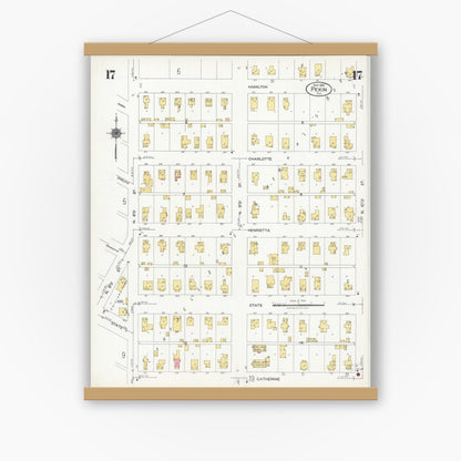Old map wall art mockup — magnetic wood frame on white wall — Sanborn Fire Insurance Map from Pekin, Tazewell County, Illinois (1925), Sheet #0017