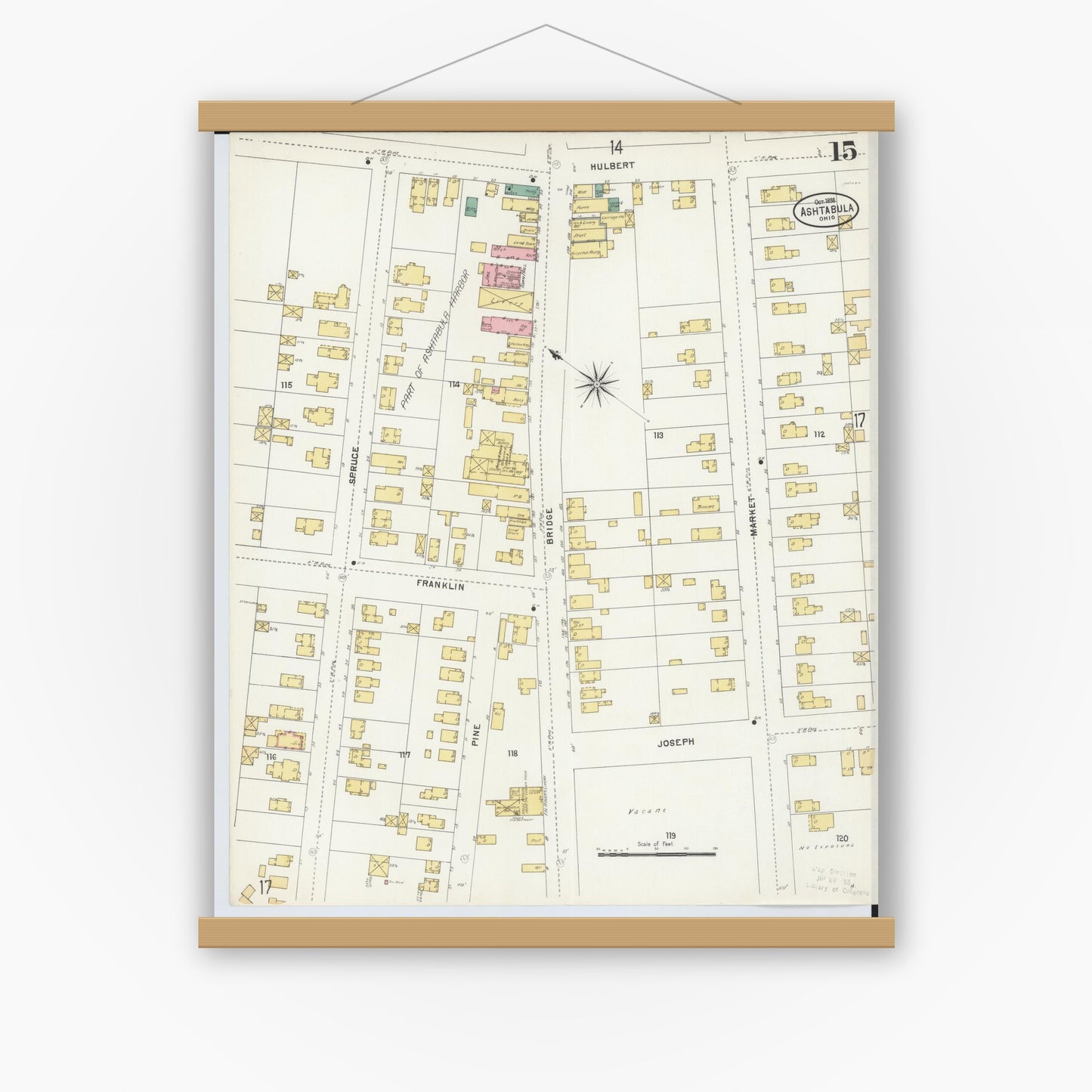 Old map wall art mockup — magnetic wood frame on white wall — Sanborn Fire Insurance Map from Ashtabula, Ashtabula County, Ohio (1898), Sheet #0015