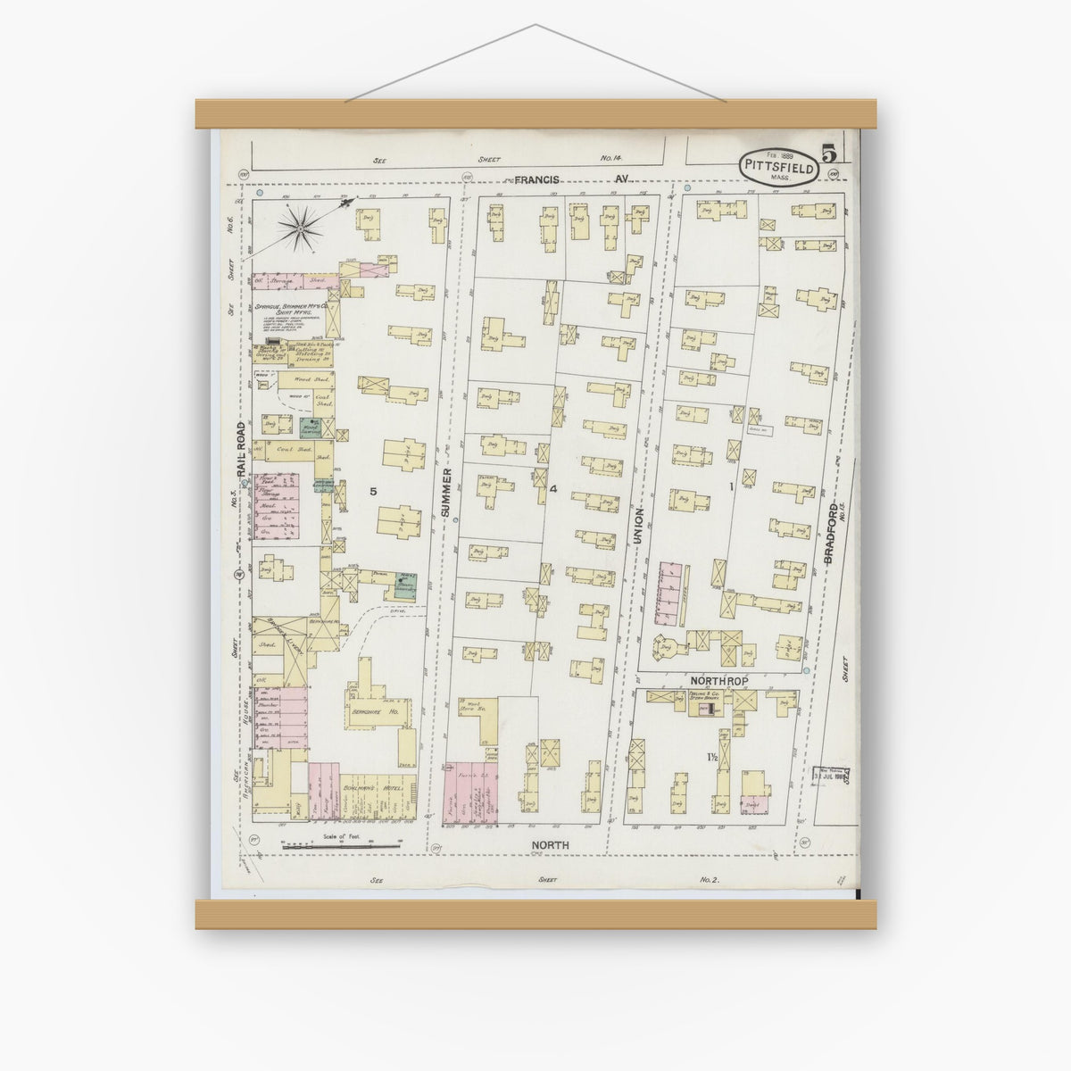 Old map wall art mockup — magnetic wood frame on white wall — Sanborn Fire Insurance Map from Pittsfield, Berkshire County, Massachusetts (1889), Sheet #0005