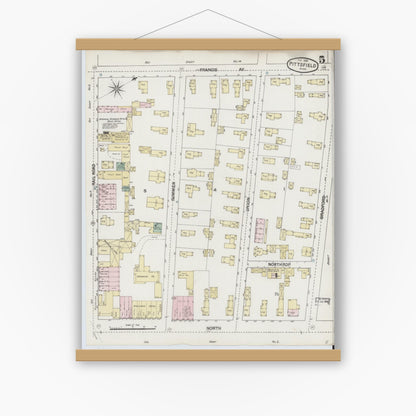 Old map wall art mockup — magnetic wood frame on white wall — Sanborn Fire Insurance Map from Pittsfield, Berkshire County, Massachusetts (1889), Sheet #0005