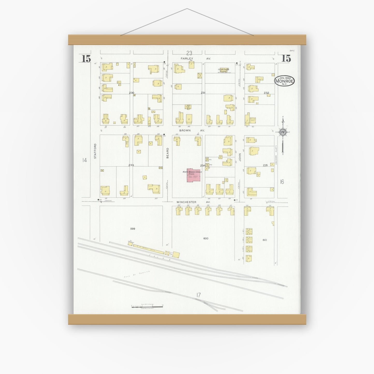 Old map wall art mockup — magnetic wood frame on white wall — Sanborn Fire Insurance Map from Monroe, Union County, North Carolina (1930), Sheet #0015