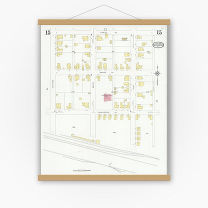 Old map wall art mockup — magnetic wood frame on white wall — Sanborn Fire Insurance Map from Monroe, Union County, North Carolina (1930), Sheet #0015