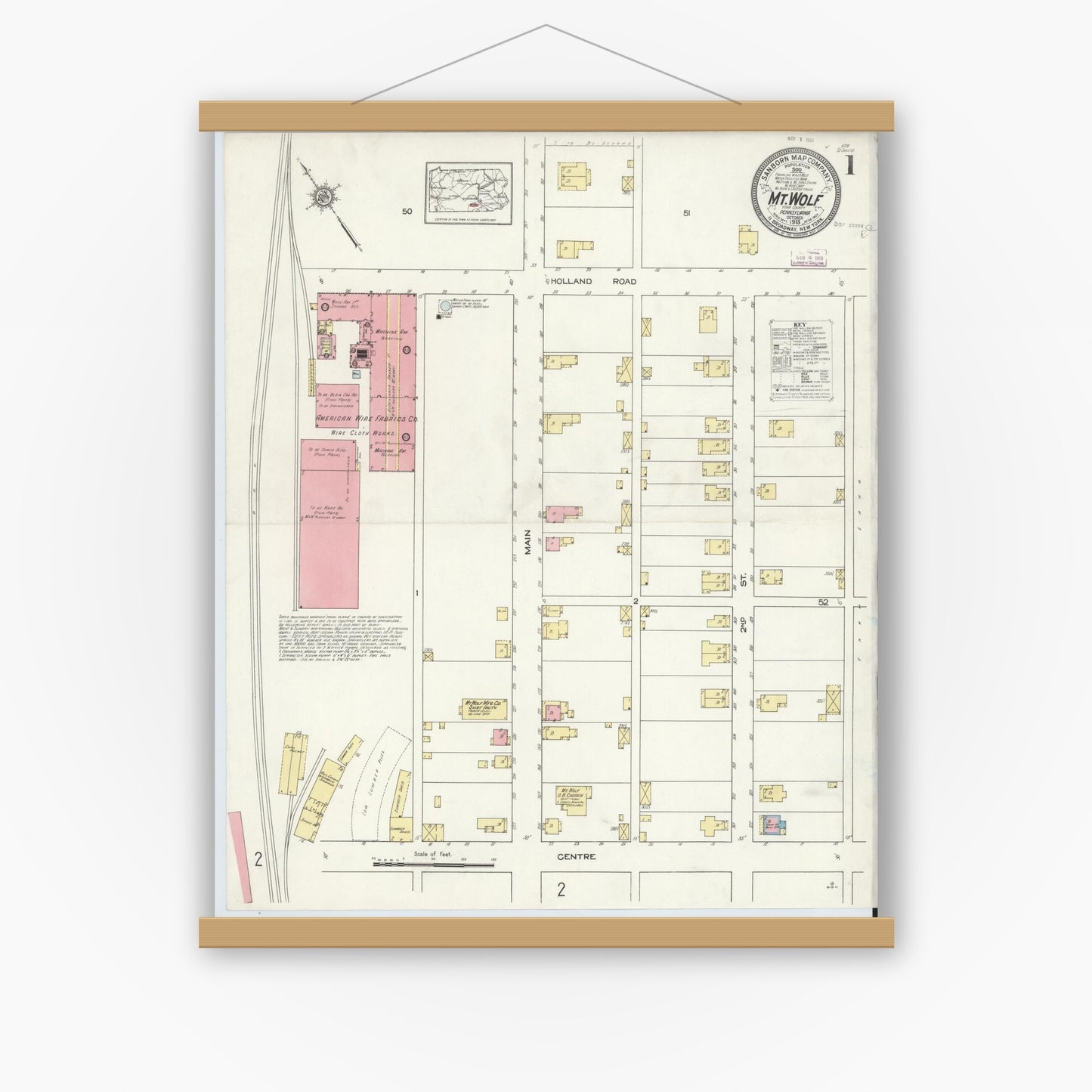 Old map wall art mockup — magnetic wood frame on white wall — Sanborn Fire Insurance Map from Mount Wolf, York County, Pennsylvania (1913) - Complete Map Set