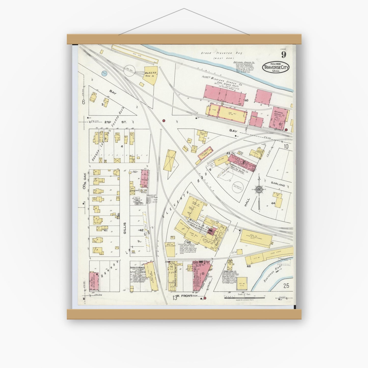 Old map wall art mockup — magnetic wood frame on white wall — Sanborn Fire Insurance Map from Traverse City, Grand Traverse County, Michigan (1920), Sheet #0009