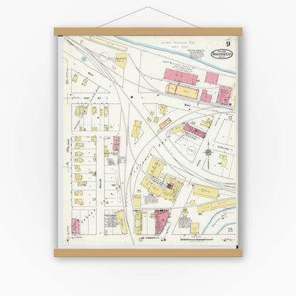 Old map wall art mockup — magnetic wood frame on white wall — Sanborn Fire Insurance Map from Traverse City, Grand Traverse County, Michigan (1920), Sheet #0009