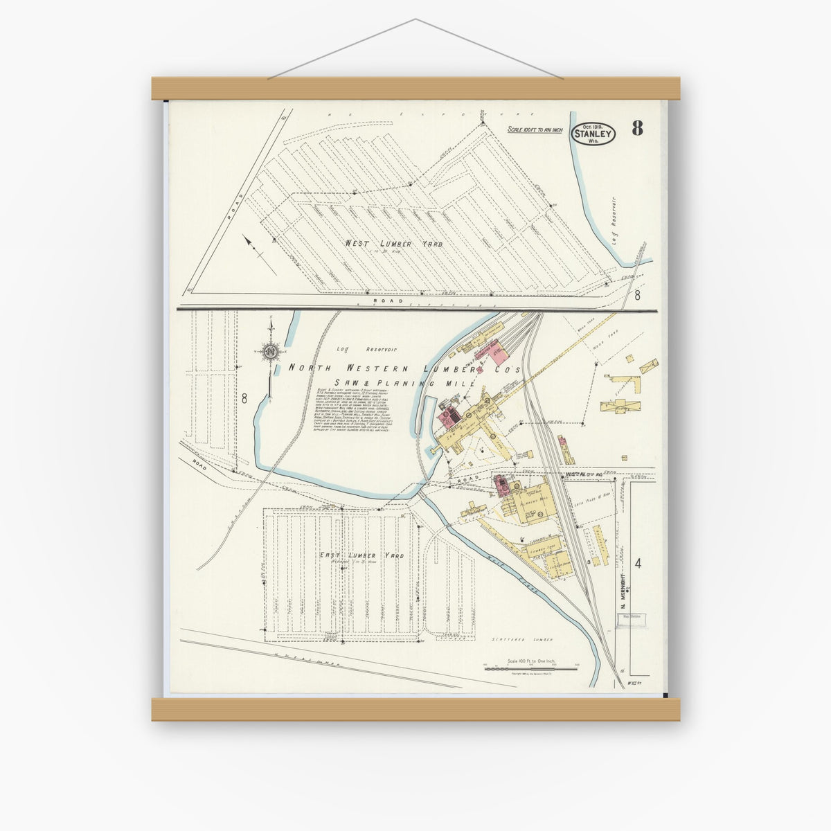 Old map wall art mockup — magnetic wood frame on white wall — Sanborn Fire Insurance Map from Stanley, Chippewa County, Wisconsin (1919), Sheet #0008