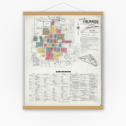 Old map wall art mockup — magnetic wood frame on white wall — Sanborn Fire Insurance Map from Orlando, Orange County, Florida (1919) - Complete Map Set