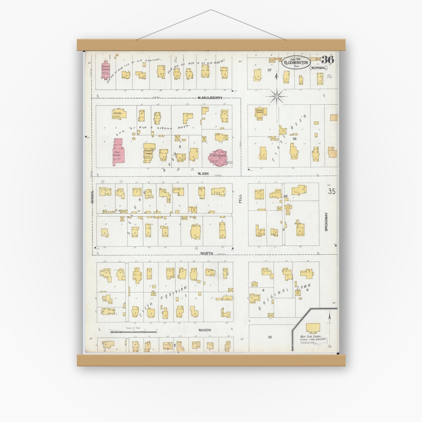 Old map wall art mockup — magnetic wood frame on white wall — Sanborn Fire Insurance Map from Bloomington, McLean County, Illinois (1901), Sheet #0036