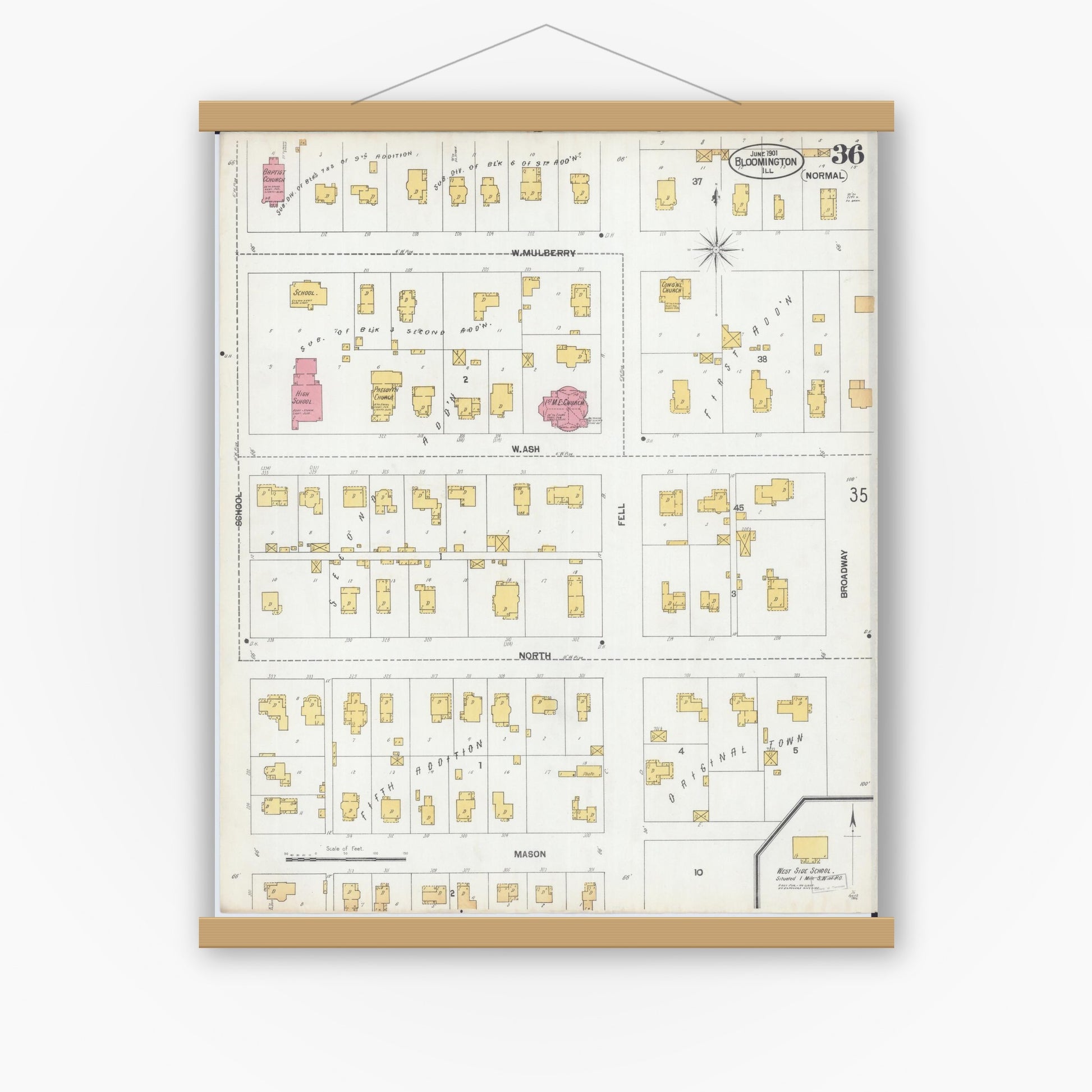 Old map wall art mockup — magnetic wood frame on white wall — Sanborn Fire Insurance Map from Bloomington, McLean County, Illinois (1901), Sheet #0036