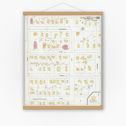 Old map wall art mockup — magnetic wood frame on white wall — Sanborn Fire Insurance Map from Bloomington, McLean County, Illinois (1901), Sheet #0036